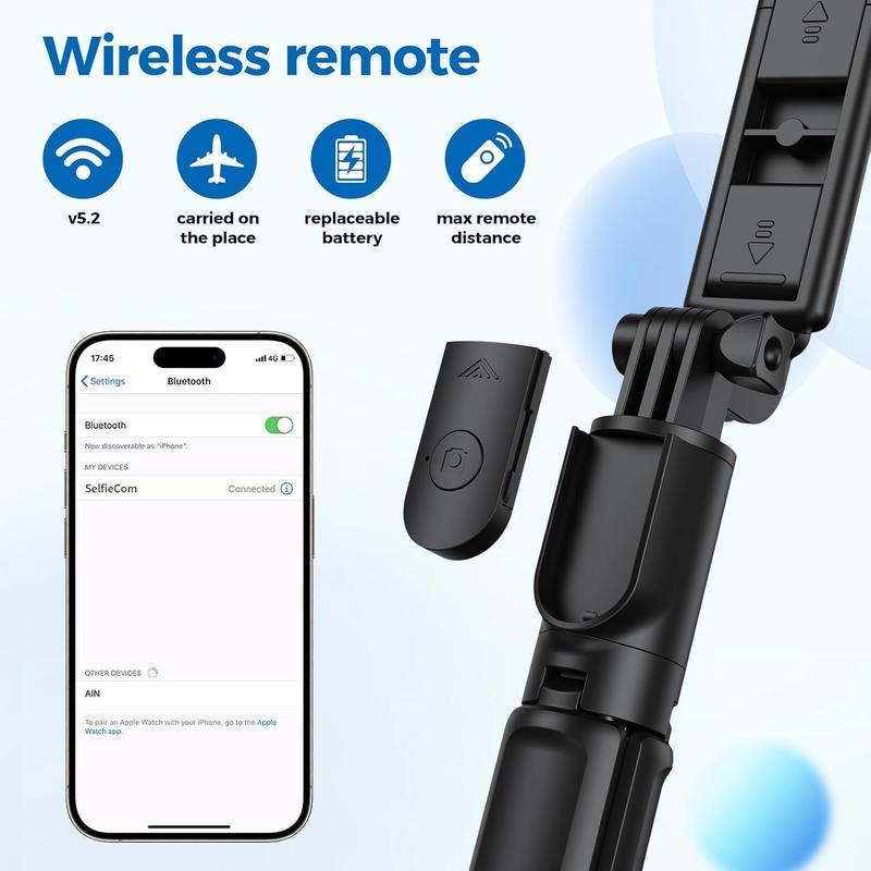 Selfie Stick Tripod, Retractable Selfie Stick Tripod with Wireless Remote Control, for Photograph, Live Streaming, Video Recording, Compatible with Android, iPhone and More