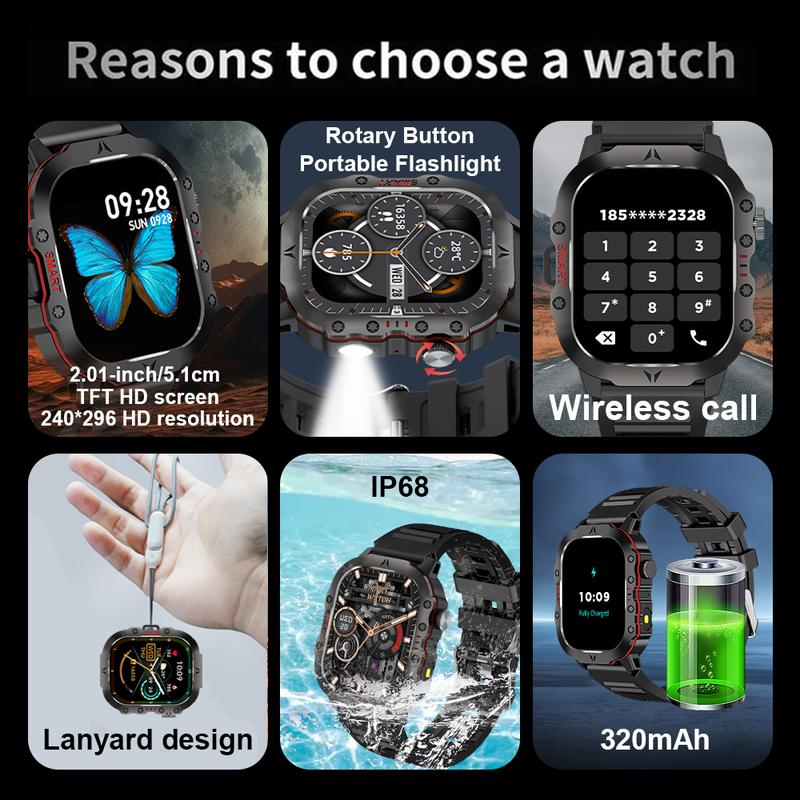 Outdoor Sports Digital Watch 2.01'' Smartphone Watch, Stylish Digital Watch with LED Lights and Outdoor Compass, Waterproof Men's Sports Watch, Wearables