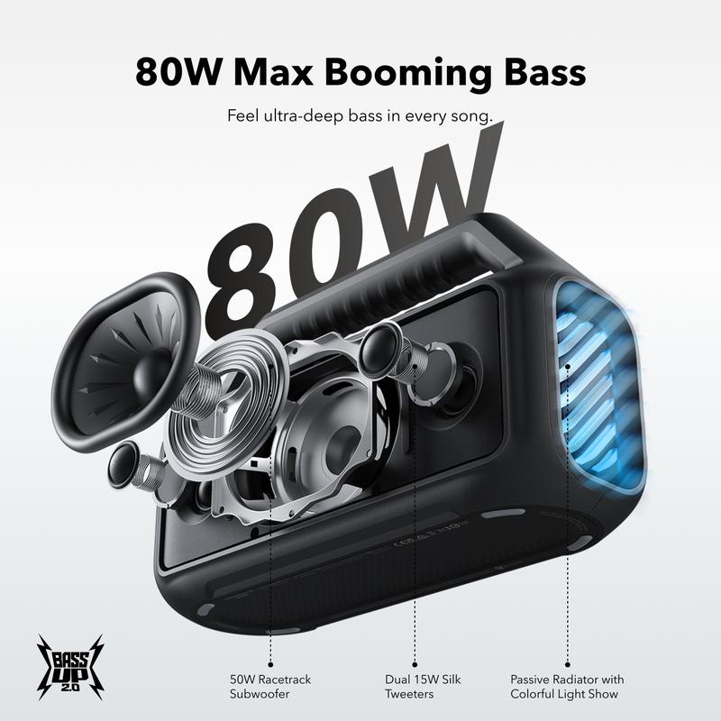 Soundcore Boom 2 Outdoor Speaker - 80W Booming Bass, IPX7 Waterproof, RGB Lights, 24H Playtime, Custom EQ, Bluetooth 5.3, USB-C - Audio