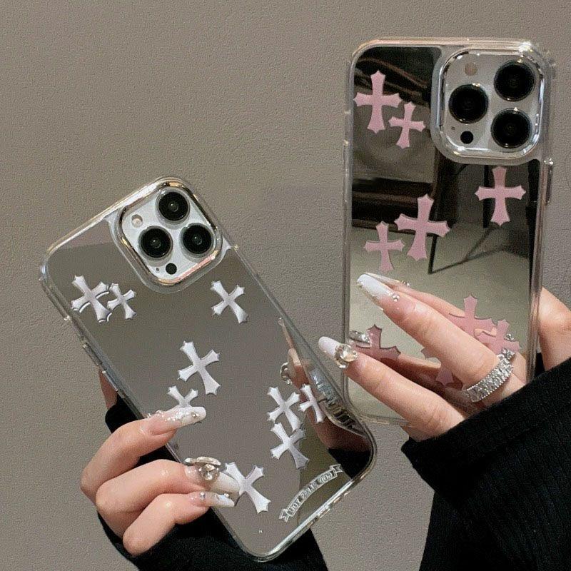 Chrome Heart Mirror Silver Pink CrossPhone Case for iPhone11 12 13 14 15Pro promax elegent for boys and Accessories