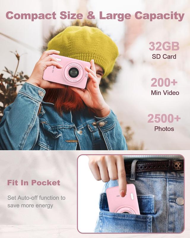 Mini Digital Camera, FHD 1080P Digital Auto focus Vlogging Camera, for video blogging, Image Stabilization, 16x Zoom, for Teenagers Beginners, 32g Memory Card, ldeal Gifts for Girl &BOY