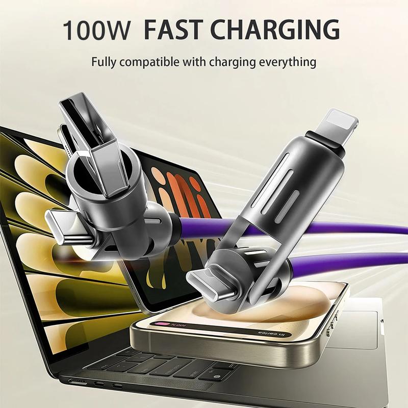 100W 4-in-1 Super Fast Charge USB-C Cable Liquid Silicone & Aluminum Alloy, Data Sync for iPhone Android Multi-Device Charging Solution tablet ipad Multifunctional USB-C data sync charging  cables data cable