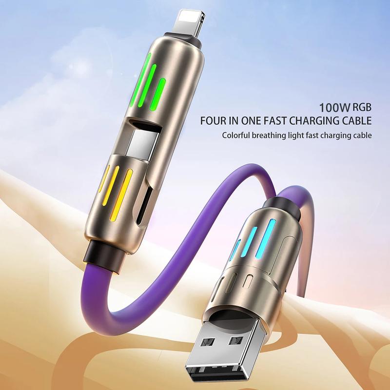 100W 4-in-1 Super Fast Charge USB-C Cable Liquid Silicone & Aluminum Alloy, Data Sync for iPhone Android Multi-Device Charging Solution tablet ipad Multifunctional USB-C data sync charging  cables data cable