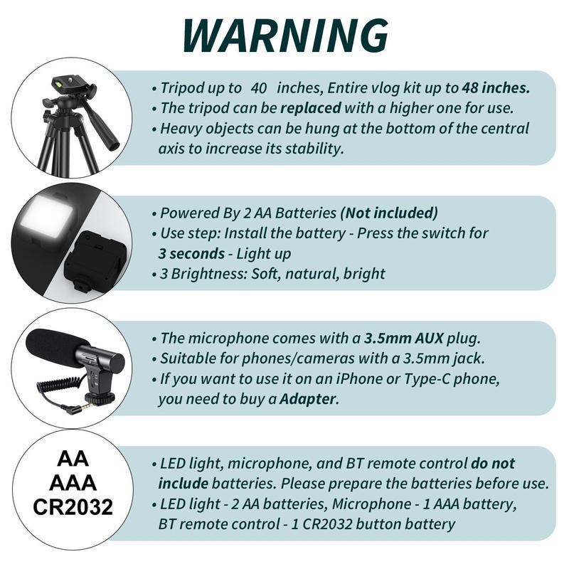 Vlog Shooting Kit for iPhone, 1 Set Phone & Camera Vlogging Kit with LED Lights for Fall, Selfie Stick Tripod & Selfie Light & Phone Clip with Microphone, Adjustable Smartphone Accessories, Summer Outing Essentials 2024, Stocking Fillers Gift