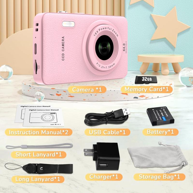 Mini Digital Camera, FHD 1080P Digital Auto focus Vlogging Camera, for video blogging, Image Stabilization, 16x Zoom, for Teenagers Beginners, 32g Memory Card, ldeal Gifts for Girl &BOY