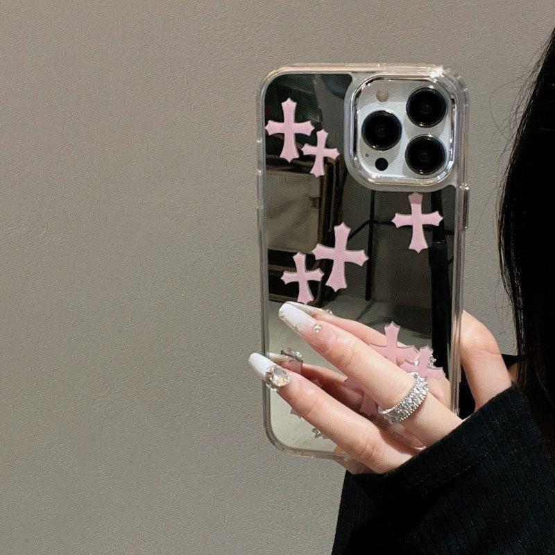 Chrome Heart Mirror Silver Pink CrossPhone Case for iPhone11 12 13 14 15Pro promax elegent for boys and Accessories