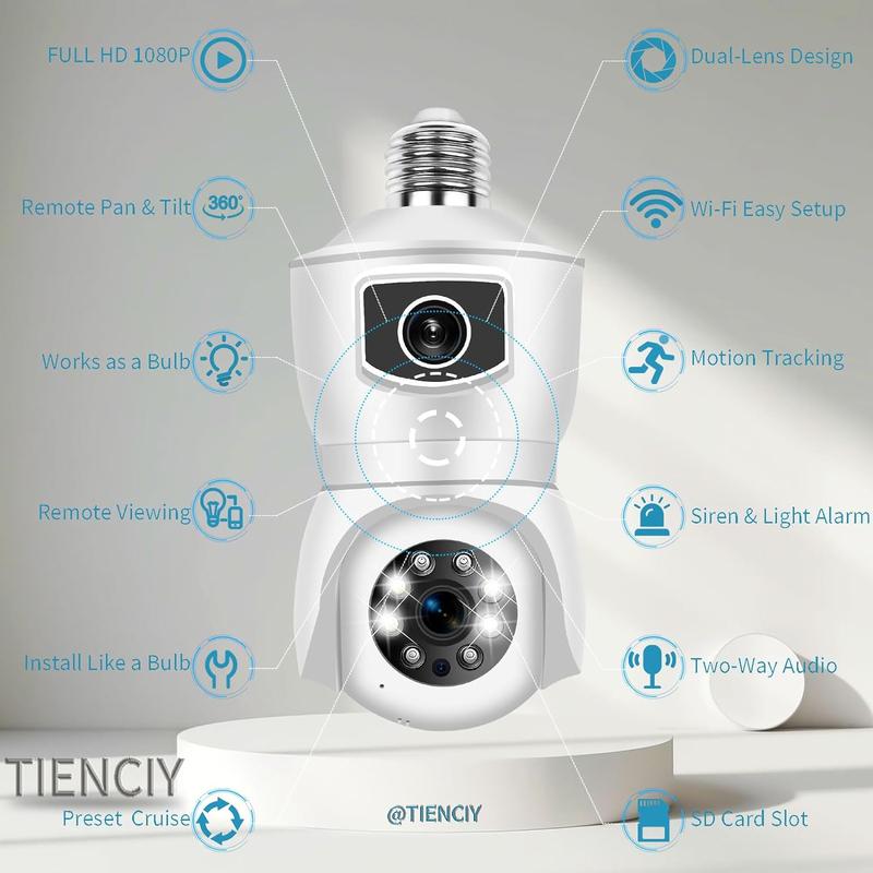 1080p light bulb security camera, dual lens 360 ° Wi-Fi home security cameras wireless outdoor indoor color night vision, motion tracking, audible alarm, easy installation IP cameras