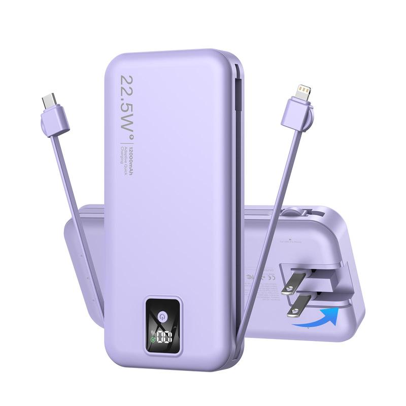 Portable Power Bank, 12000mAh Large Capacity Charging Bank with Built-in Charging Cable & AC Plug, LED Display External Battery Pack