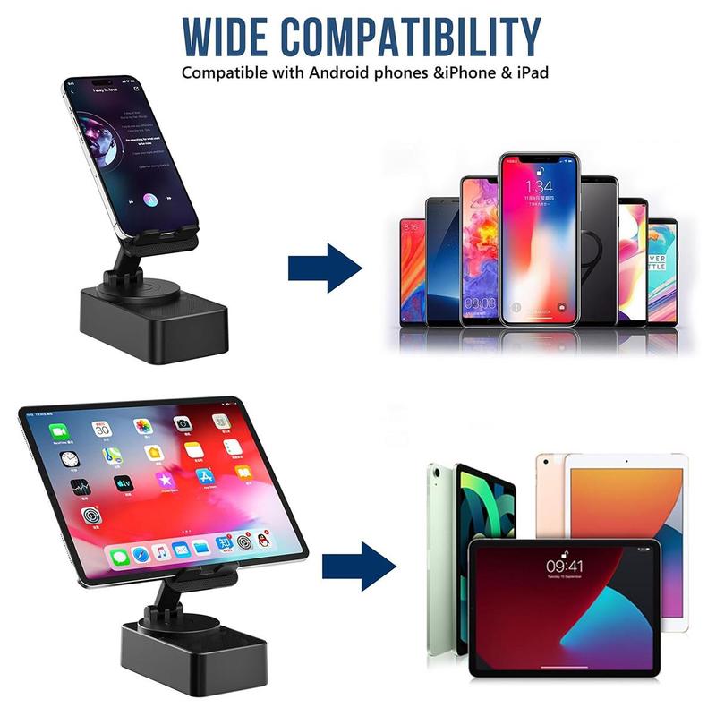 Cell Phone Stand with Wireless Bluetooth Speaker, HD Surround Sound, Rotatable Angle, Adjustable Anti-Slip Base, Perfect for Home Outdoor Use, Compatible with iPhone iPad Android, Portable Speaker Stand, Hands-Free Viewing, Compact Design