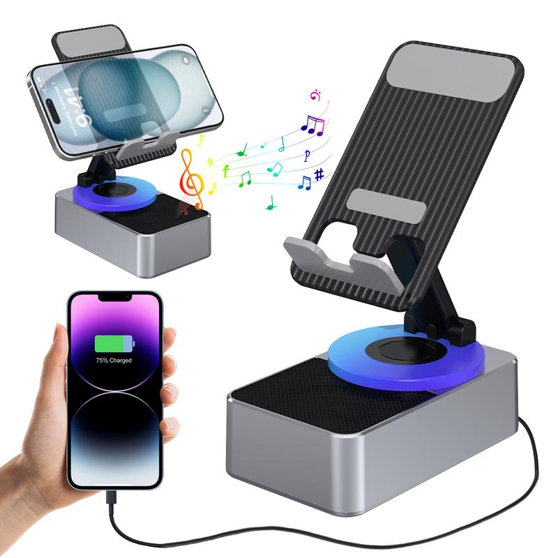 Cell Phone Stand with Wireless Bluetooth Speaker, HD Surround Sound, Rotatable Angle, Adjustable Anti-Slip Base, Perfect for Home Outdoor Use, Compatible with iPhone iPad Android, Portable Speaker Stand, Hands-Free Viewing, Compact Design