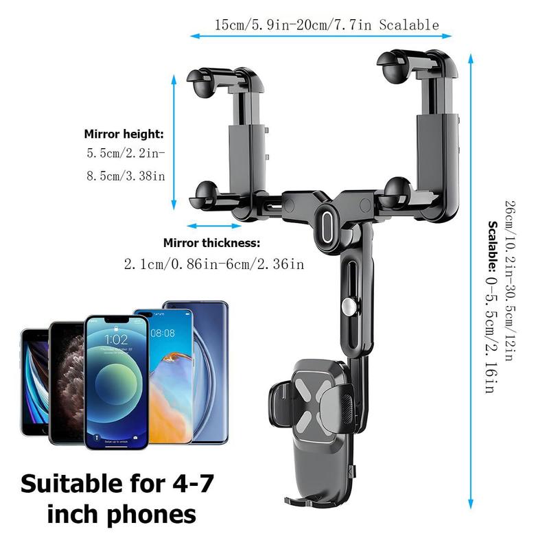 Car Rearview Mirror Phone Holder, 360° Rotatable & Retractable Phone Mount, Multifunctional GPS Holder with Anti-shake Design