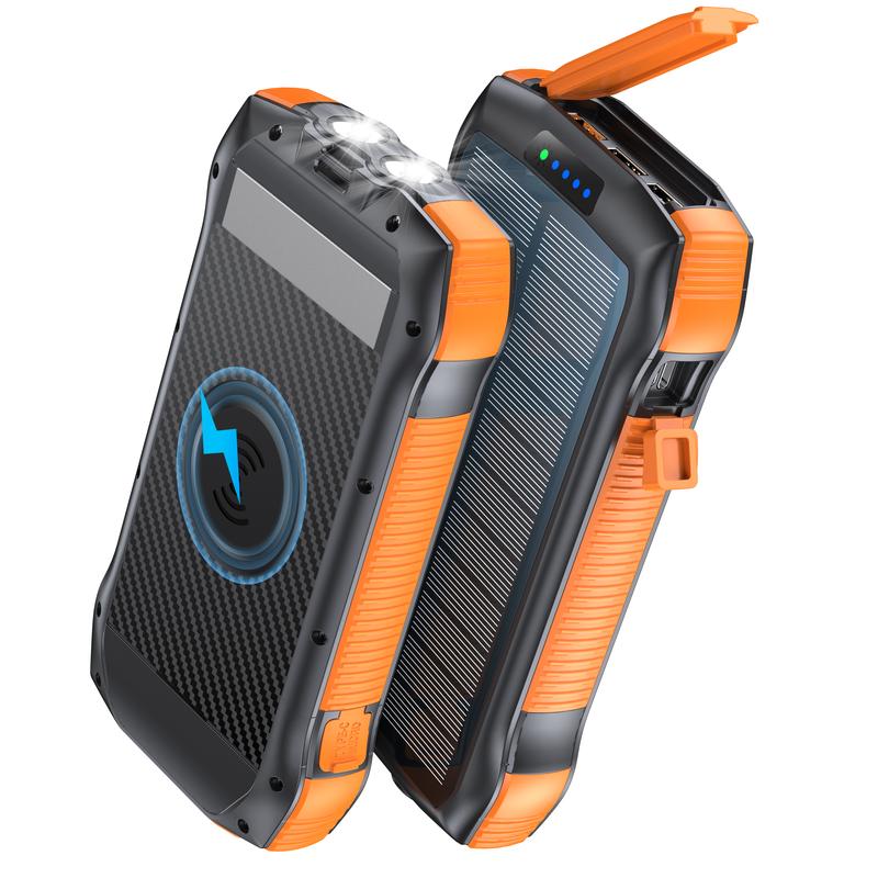 33500mAh large capacity solar power bank, built-in wireless charge 5 output ports efficient charging, PD4.0QC3.0 fast charging battery pack, 2 flashlights, waterproof room dust, suitable for outdoor camping, hiking, and other electronic equipment