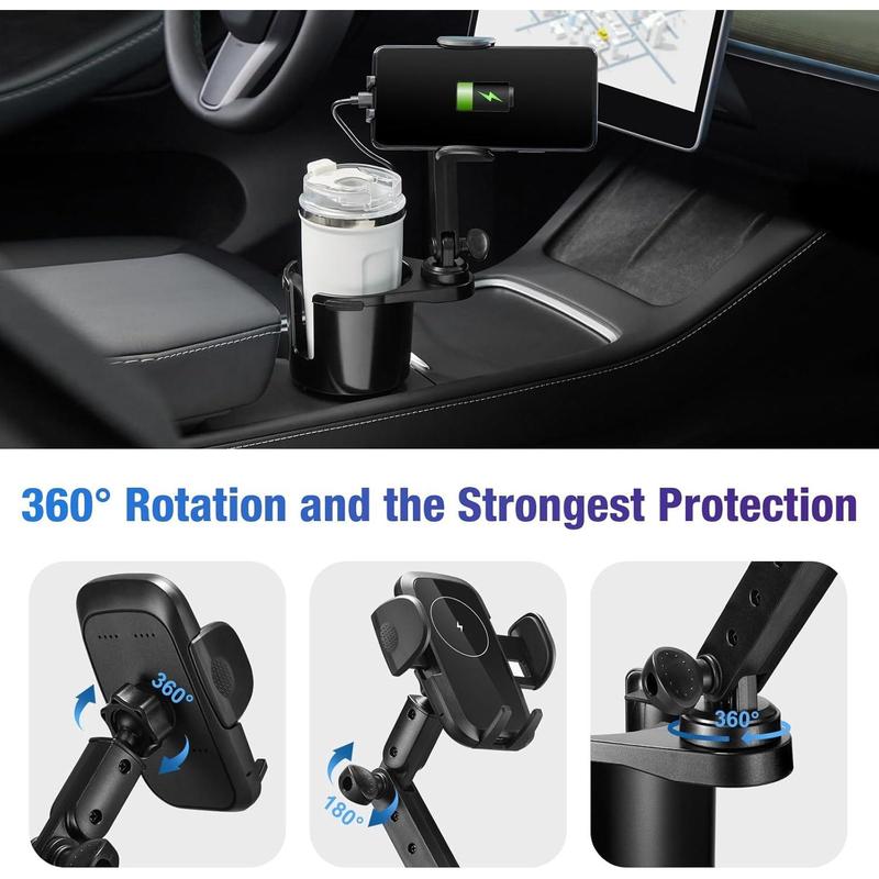 3-in-1   Charger Cup Holder, Upgrade 15W ,  Cup Holder Phone Mount with Adjustable Base & 360? Rotation Compatible for All Smartphones(with  Adapter)