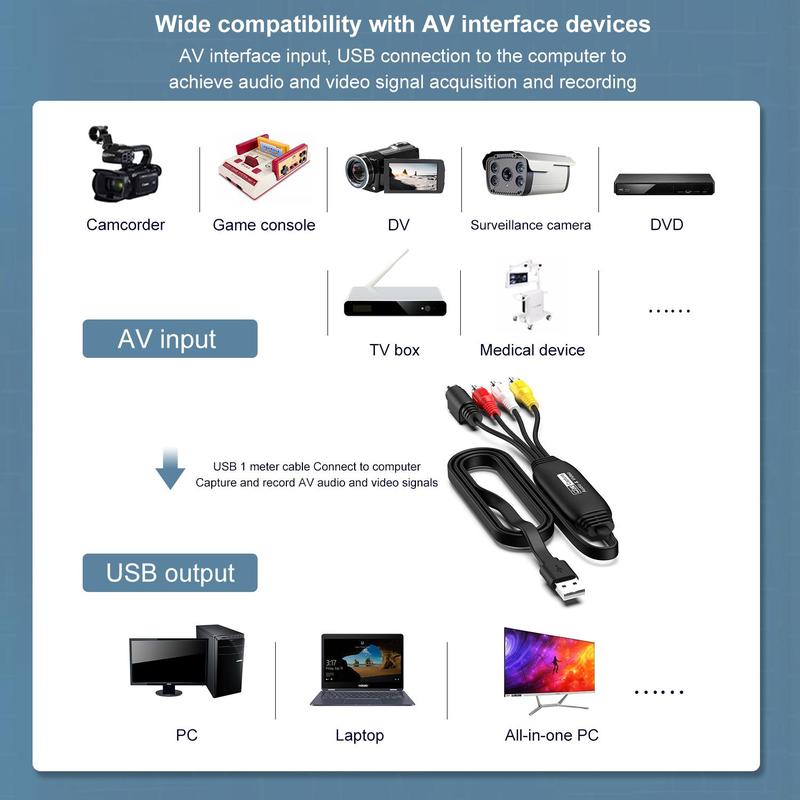 USB 2.0 Video Capture Card Device Converter, 1 Count Easy to Use Convert Analog to Digital Cable, RCA Male To USB Male Acquisition Cable