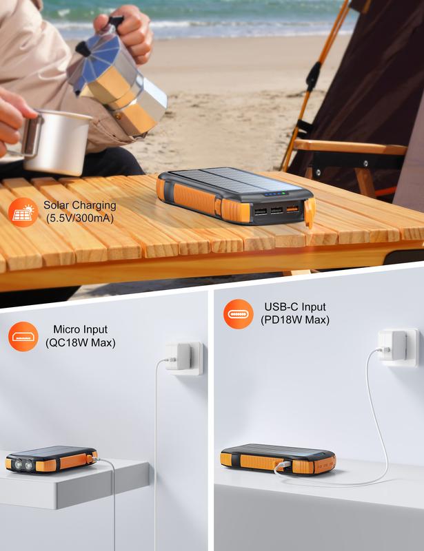 33500mAh large capacity solar power bank, built-in wireless charge 5 output ports efficient charging, PD4.0QC3.0 fast charging battery pack, 2 flashlights, waterproof room dust, suitable for outdoor camping, hiking, and other electronic equipment