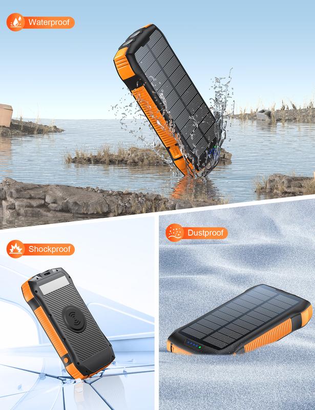 33500mAh large capacity solar power bank, built-in wireless charge 5 output ports efficient charging, PD4.0QC3.0 fast charging battery pack, 2 flashlights, waterproof room dust, suitable for outdoor camping, hiking, and other electronic equipment