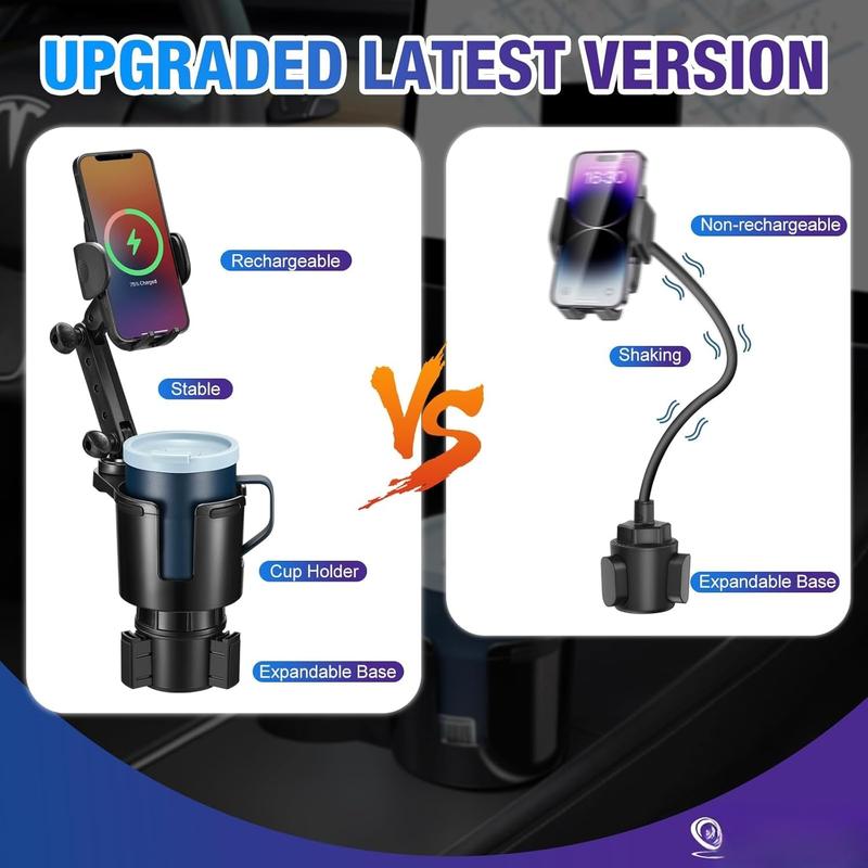 3-in-1   Charger Cup Holder, Upgrade 15W ,  Cup Holder Phone Mount with Adjustable Base & 360? Rotation Compatible for All Smartphones(with  Adapter)