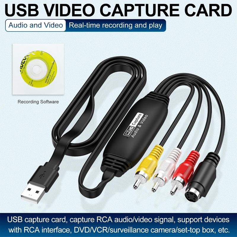 USB 2.0 Video Capture Card Device Converter, 1 Count Easy to Use Convert Analog to Digital Cable, RCA Male To USB Male Acquisition Cable