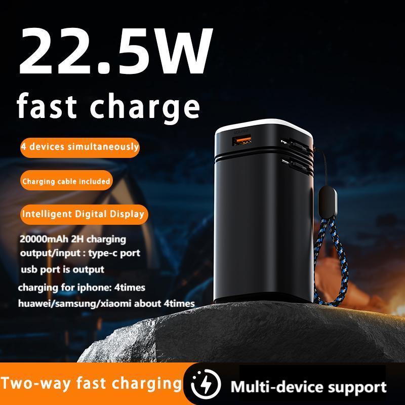 20000mAh Power Bank, 1 Count 22.5W Fast Charging Power Bank with Built in Cable & Flashlight, Portable Charger for Outdoor Camping Emergency