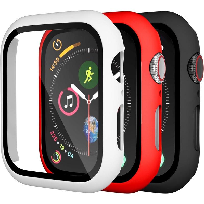 Compatible with Apple Watch Case 44mm iWatch SE Series 6 5 4 with Screen Protector, Slim Guard Thin Bumper Full Coverage Hard Cover Defense Edge for Women Men, Black White Red, 3 count