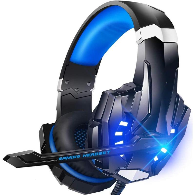 Stereo Gaming Headset for PS4 PC Xbox One PS5 Controller, Noise Cancelling Over Ear Headphones with Mic, LED Light, Bass Surround, Soft Memory Earmuffs (Blue)