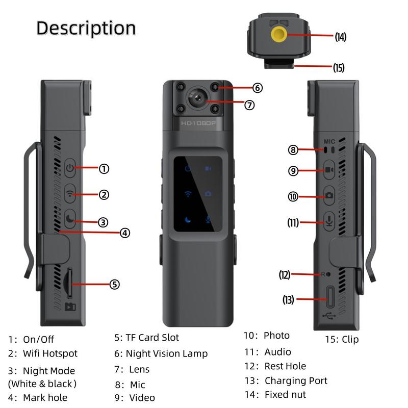 Wireless Portable Body Camera, Wearable Sports Camera with IR Night View & 270 Degree Rotation Lens, Vlog Digital Recorder Support WiFi Hotspot