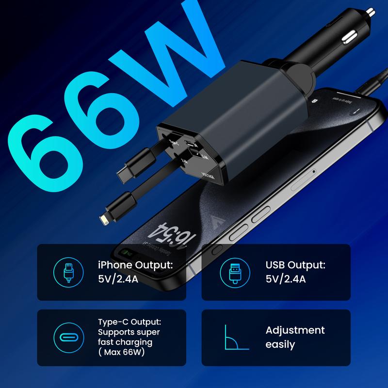 Retractable Car Charger, 66W 4 in 1 Super Fast Charge Car Phone Charger, Retractable Cables and 2 USB Ports Car Charger Adapter for iPhone 15 14 13 12 Pro Max XR, iPad, Samsung, Christmas Gifts