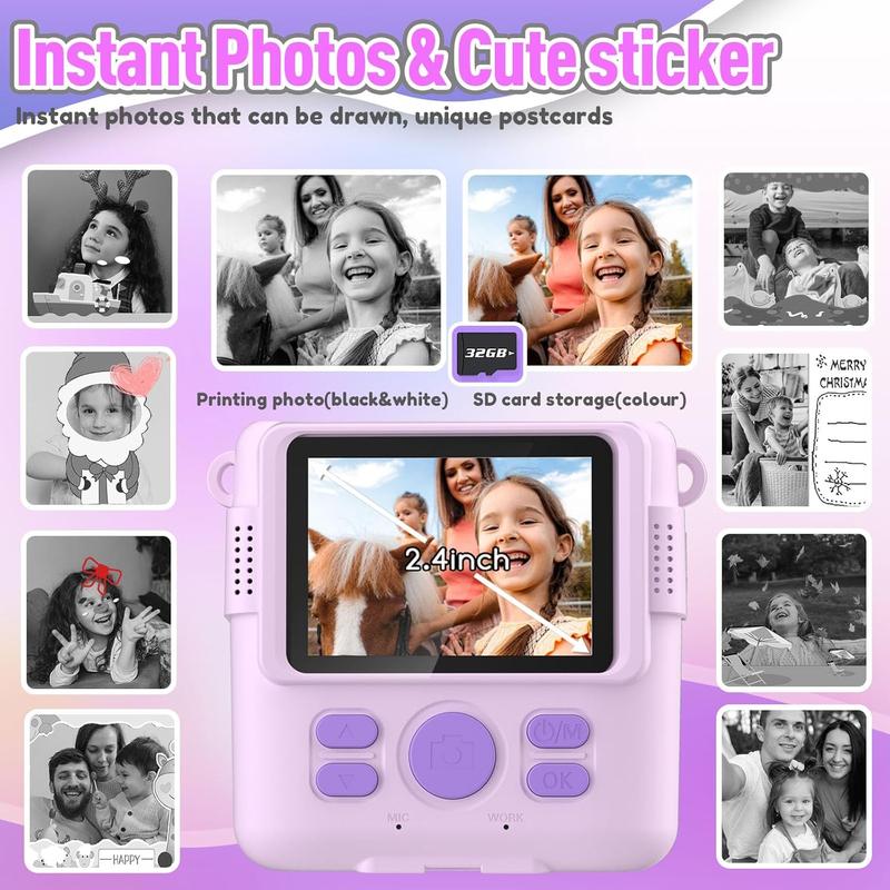 Instant Print Camera for Kids, Christmas Birthday Gifts for Girls Boys, HD Digital Video Cameras for Toddler, Portable Toy for 4 5 6 7 8 9 10 Year Old Girl with 32GB SD Card