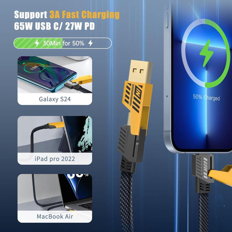 Dual Head Type-c Data USB 4-in-1 PD 65W Fast Charging Cable for iPhone15 14 13 12 11 Pro Max XS MAX XR XS X 8 iPad Xiaomi Honor Vivo Samsung Smartphone Cellphone Charger J3 Notebook Phone Android Devices Durable Electronic Mobile