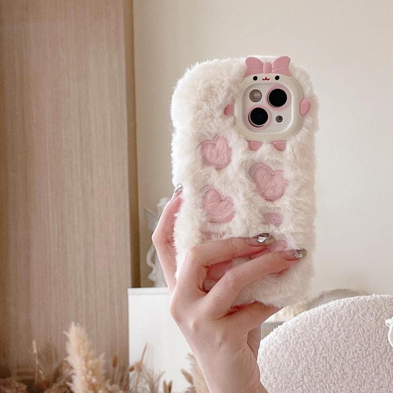 Cute Five Hearts Pattern Plush Phone Case (1 count), Anti-drop Cellphone Protective Case, Total Protective Shockproof Mobile Phone Cover for iPhone 16 15 14 13 12 11 Plus Pro Pro Max