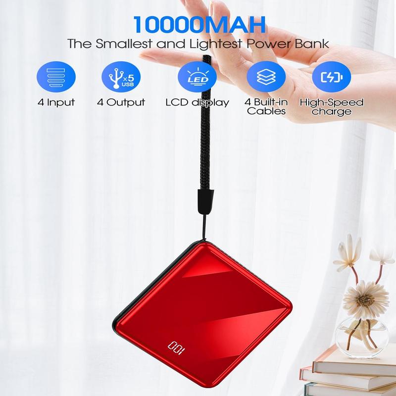 10000mAh Power Bank, 1 Count Compact Portable Charger with LED Display, Small External Battery Pack with 4 Inputs & 5 Outputs, Phone Charger for iPhone Samsung Huawei iPad, Music Festival Supplies, Phone Accessories