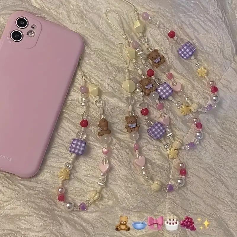 Cute Bear & Heart Design Beaded Phone Chain, Cute Phone Lanyard, Fashion Phone Charm for Women & Girls, Mobile Phone Decoration Accessories