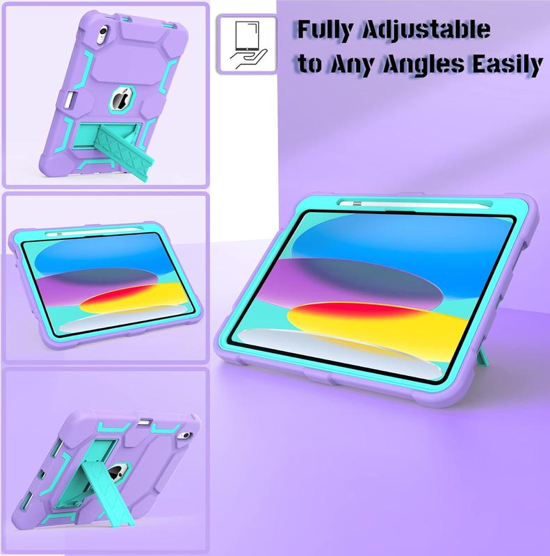 for iPad 10th Generation Case 10.9 Inch 2022, iPad 10 Case with Kickstand & Pencil Holder, Heavy Duty Shockproof Hybrid Three Layer Protective Cover for Girls Women, Purple+Green