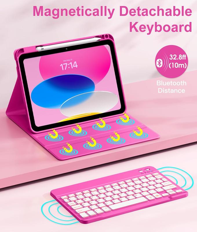 iPad 10th Generation Case with Keyboard 10.9 Inch - 7 Colors Backlit Wireless Detachable Folio Keyboard Cover with Pencil Holder for New iPad 10th Gen 2022 (Hot Pink)