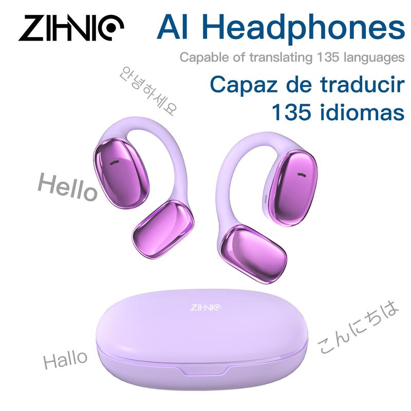 ZIHNIC S11 Open Ear AI Translation Headphones With Charging Case, Comfort Wireless Earbuds,Bluetooth V5.4,Instant Translation Earphones Support 135 Languages,AI Chat,Purple