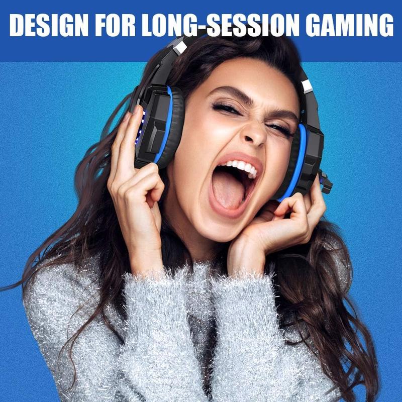 Stereo Gaming Headset for PS4 PC Xbox One PS5 Controller, Noise Cancelling Over Ear Headphones with Mic, LED Light, Bass Surround, Soft Memory Earmuffs (Blue)