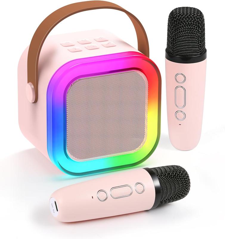 Karaoke Machine for Kids Adults, Mini Karaoke Machine with 2 Wireless Microphones, Portable Bluetooth Speaker with Voice Changing Effects & LED Lights, Best Gifts Toys for Girls and Boys Beige Room Accessories Portable Mini family gathering