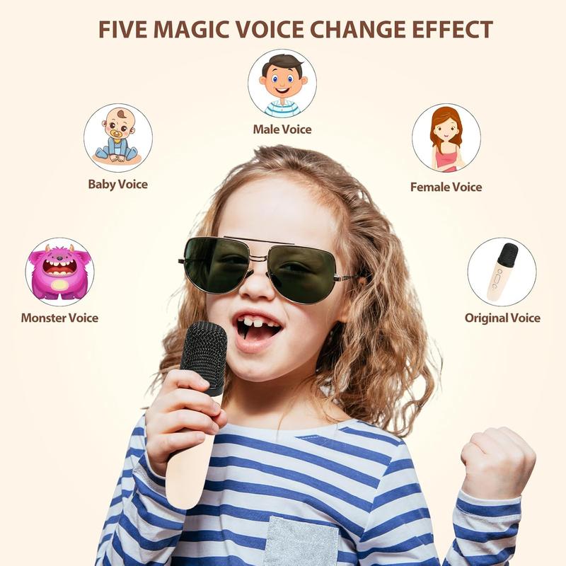 Karaoke Machine for Kids Adults, Mini Karaoke Machine with 2 Wireless Microphones, Portable Bluetooth Speaker with Voice Changing Effects & LED Lights, Best Gifts Toys for Girls and Boys Beige Room Accessories Portable Mini family gathering