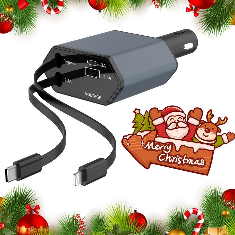 Retractable Car Charger, 66W 4 in 1 Super Fast Charge Car Phone Charger, Retractable Cables and 2 USB Ports Car Charger Adapter for iPhone 15 14 13 12 Pro Max XR, iPad, Samsung, Christmas Gifts