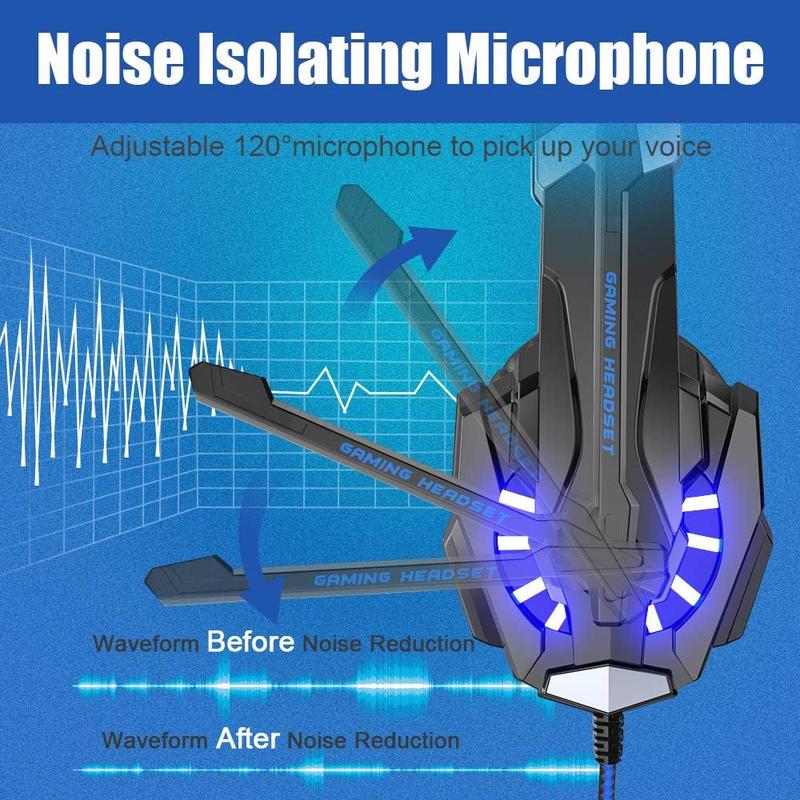 Stereo Gaming Headset for PS4 PC Xbox One PS5 Controller, Noise Cancelling Over Ear Headphones with Mic, LED Light, Bass Surround, Soft Memory Earmuffs (Blue)