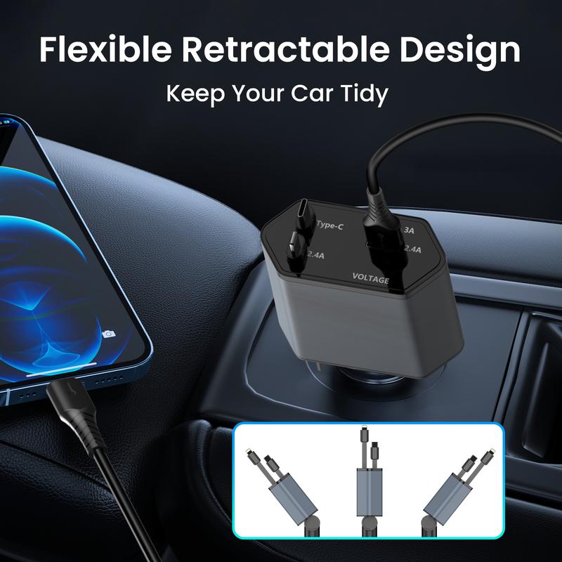 Retractable Car Charger, 66W 4 in 1 Super Fast Charge Car Phone Charger, Retractable Cables and 2 USB Ports Car Charger Adapter for iPhone 15 14 13 12 Pro Max XR, iPad, Samsung, Christmas Gifts