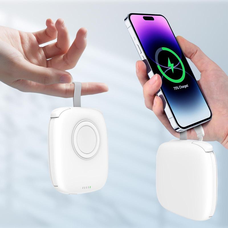 Portable Mini Wireless Power Bank, 5000mAh Power Bank with Built-in Charging Cable & Keychain, Compatible with iPhone & Apple Watch