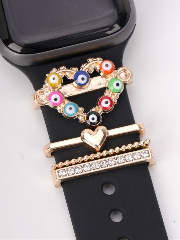 Fashionable Rhinestone Decor Watch Band Decorations, Cute Eye Pattern Heart Design Watch Band Charm, Compatible with Apple Galaxy Huawei Watch Band, Watch Accessories for Women & Girls