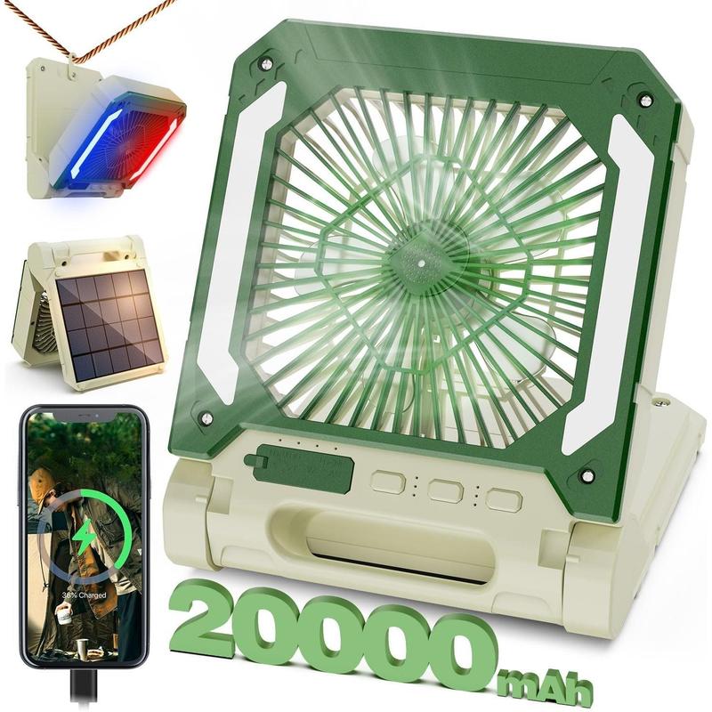 Fan 20000mAh Rechargeable Solar Portable Fan with Led Lantern, 3 Speeds Cordless Camping Fan with PowerBank,Timer, Hangable & Quiet Desk Fan for Tent Hurricane(Beige)