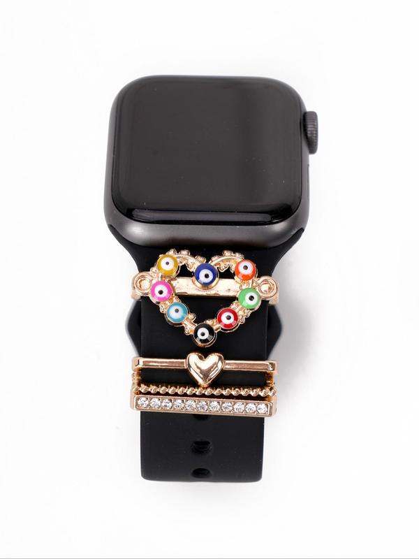 Fashionable Rhinestone Decor Watch Band Decorations, Cute Eye Pattern Heart Design Watch Band Charm, Compatible with Apple Galaxy Huawei Watch Band, Watch Accessories for Women & Girls