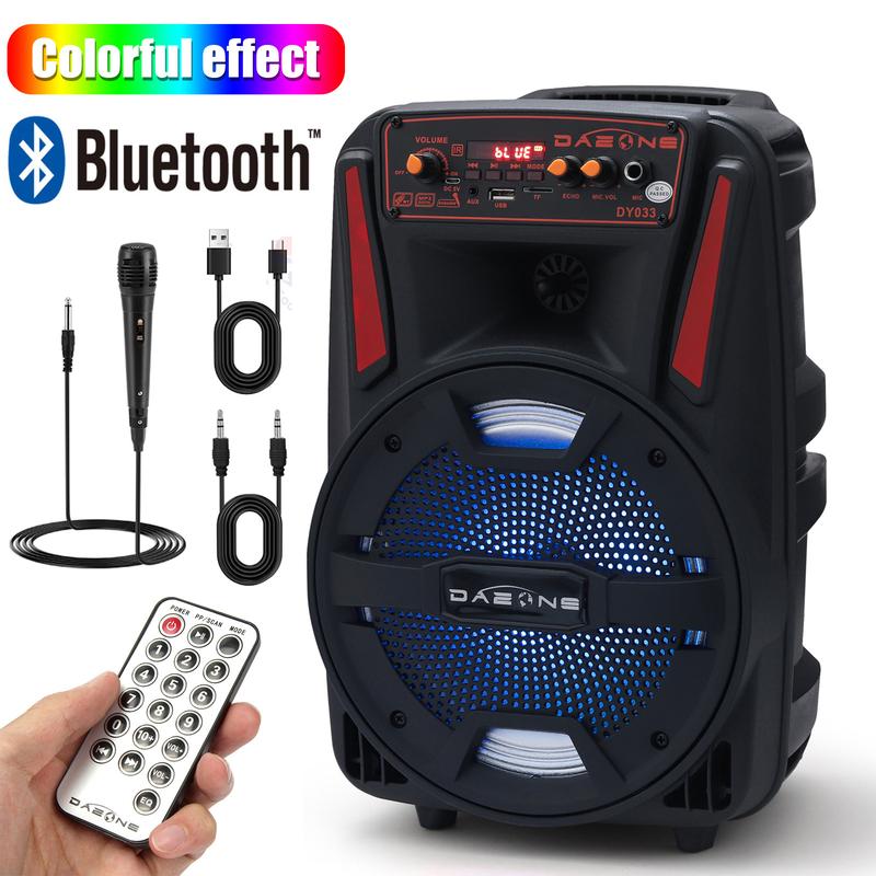 8inch Portable Bluetooth Speaker With Microphone Loud Party PA Speaker Rechargeable Battery  LED Lights FM Radio Remote Control