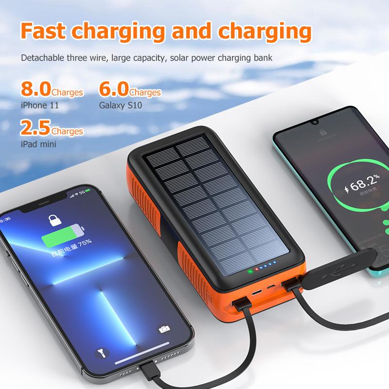 AMAUS-63200mAh Big Solar Power Bank  60% OFF Discount Charger Built in 4 Cables 7 Outputs 15 Watts Fast Charging Power Bank for All Mobile Devices with Dual Flashlights,hand crank charge Smartphone，airports bluetooth headset mag safe Chargeable