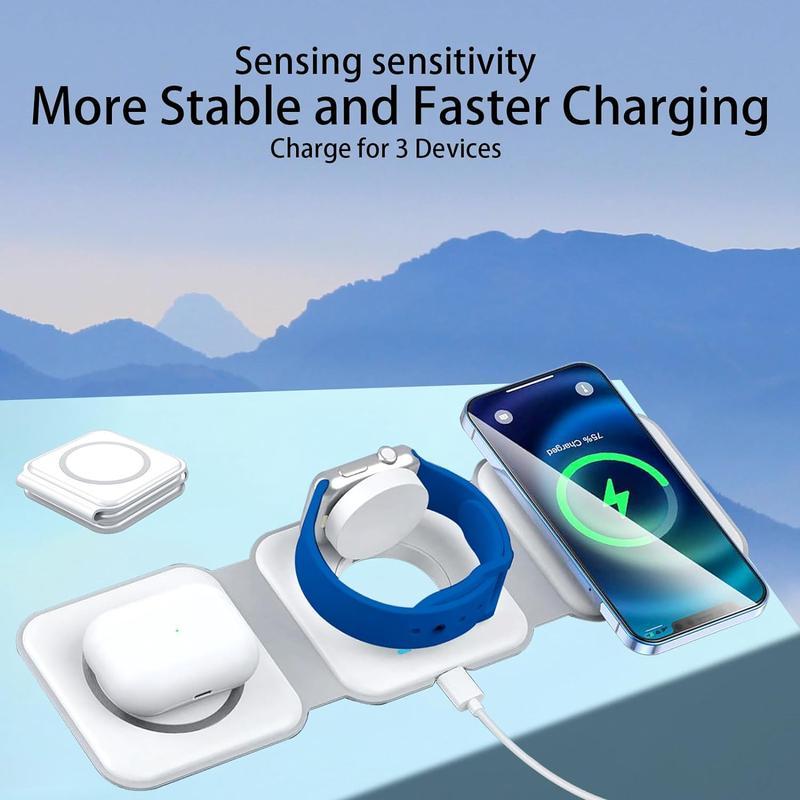 Style 3 in 1 Wireless Charger for iPhone, Magnetic Foldable 3 in 1 Charging Station, Travel Charger for Multple Devices for iPhone 15 14 13 12 Series, AirPods Pro,Watch