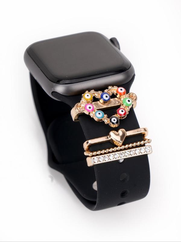 Fashionable Rhinestone Decor Watch Band Decorations, Cute Eye Pattern Heart Design Watch Band Charm, Compatible with Apple Galaxy Huawei Watch Band, Watch Accessories for Women & Girls