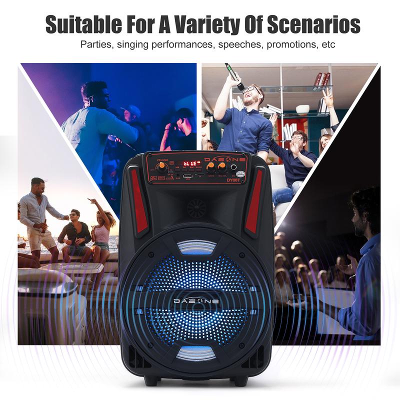 8inch Portable Bluetooth Speaker With Microphone Loud Party PA Speaker Rechargeable Battery  LED Lights FM Radio Remote Control